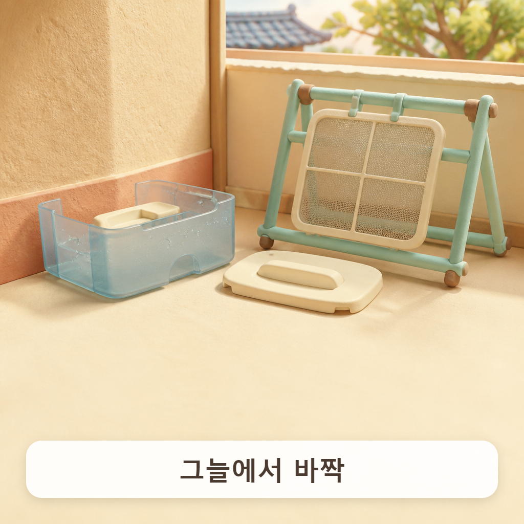 햇빛이 들지 않는 그늘에서 말리는 부품들
