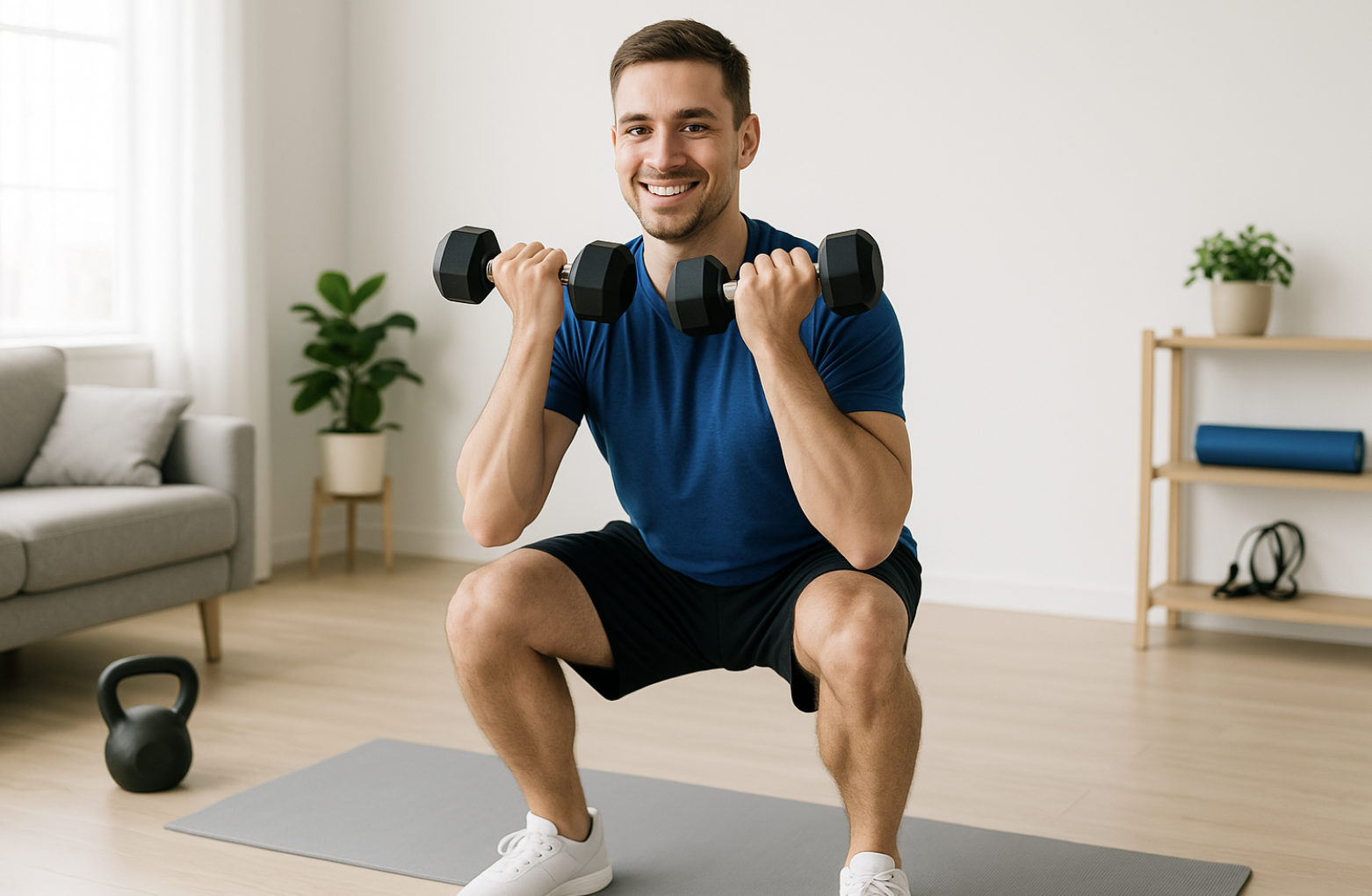 밝고 깔끔한 홈짐에서 덤벨을 들고 스쿼트를 하는 초보자가 올바른 자세를 유지하며 미소 짓고 있는 장면