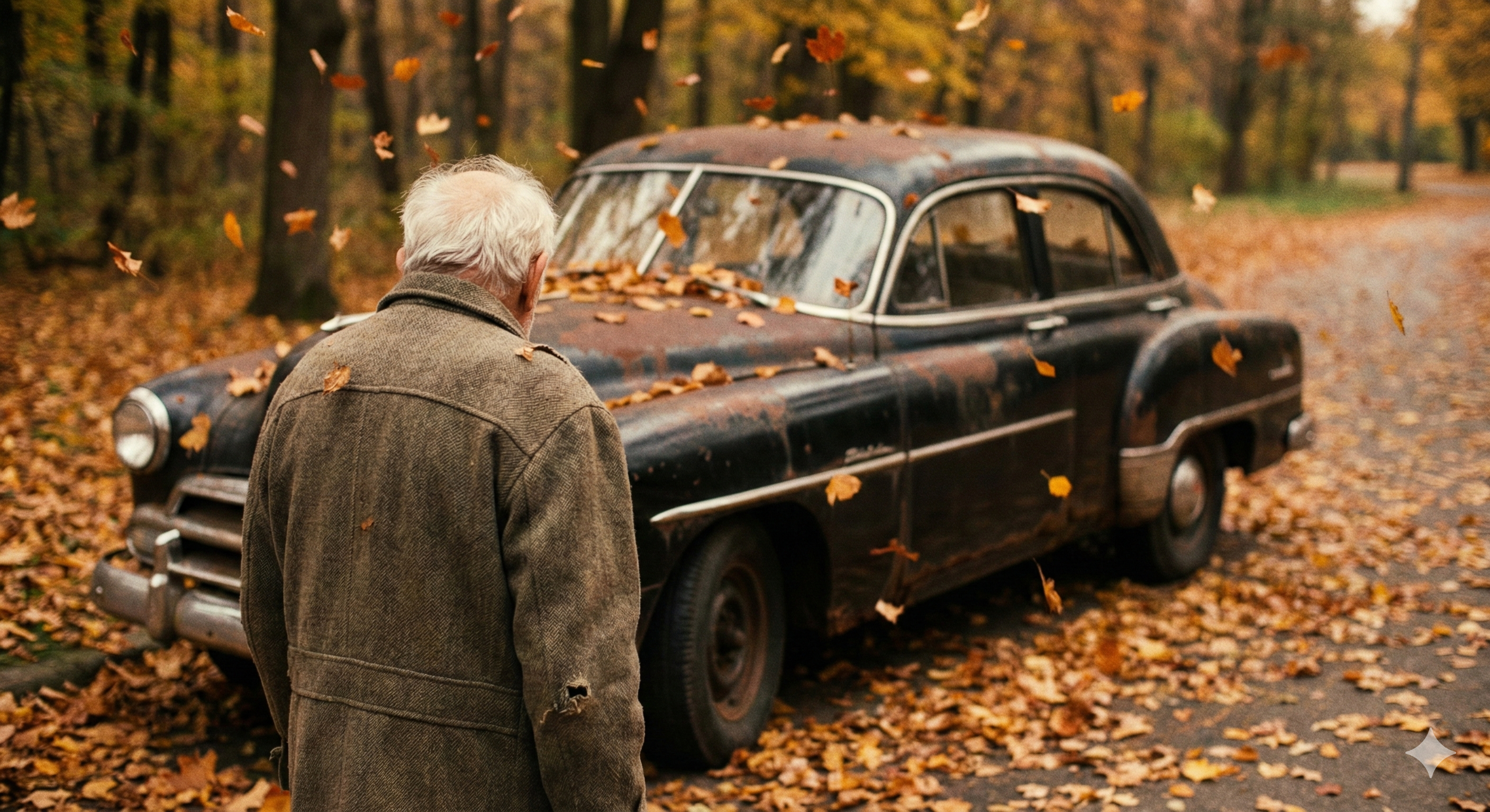 오래된 승용차를 바라보며 한숨 짓는 어르신의 쓸쓸한 뒷모습