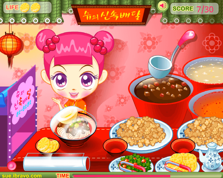 슈의-중국집-신속배달-플래시게임-플레이-완성된-짜장면-그릇에-랩을-씌우는-화면