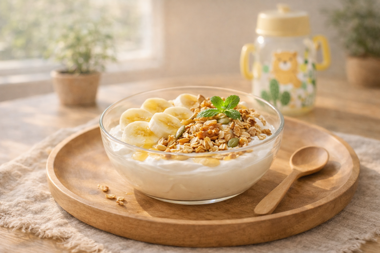 햇살이 잘 드는 식탁 위에 놓인 투명한 유리 볼에 담긴 바나나 오트밀 요거트. 하얗고 부드러운 요거트 위에 신선한 바나나 슬라이스가 정갈하게 놓여 있고, 그 옆으로 볶은 오트밀과 아몬드, 호두 등 다양한 견과류가 풍성하게 뿌려져 있다. 마지막에 뿌린 꿀이 반짝이며 윤기를 더하고, 옆에는 아이용 우드 스푼이 놓여 있어 아이의 든든한 오후 간식임을 보여주는 따뜻한 감성 사진.