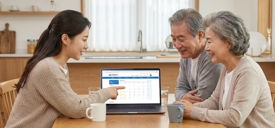 부모님과 함께 주택금융공사 홈페이지를 보며 상담 예약을 잡는 30대 자녀