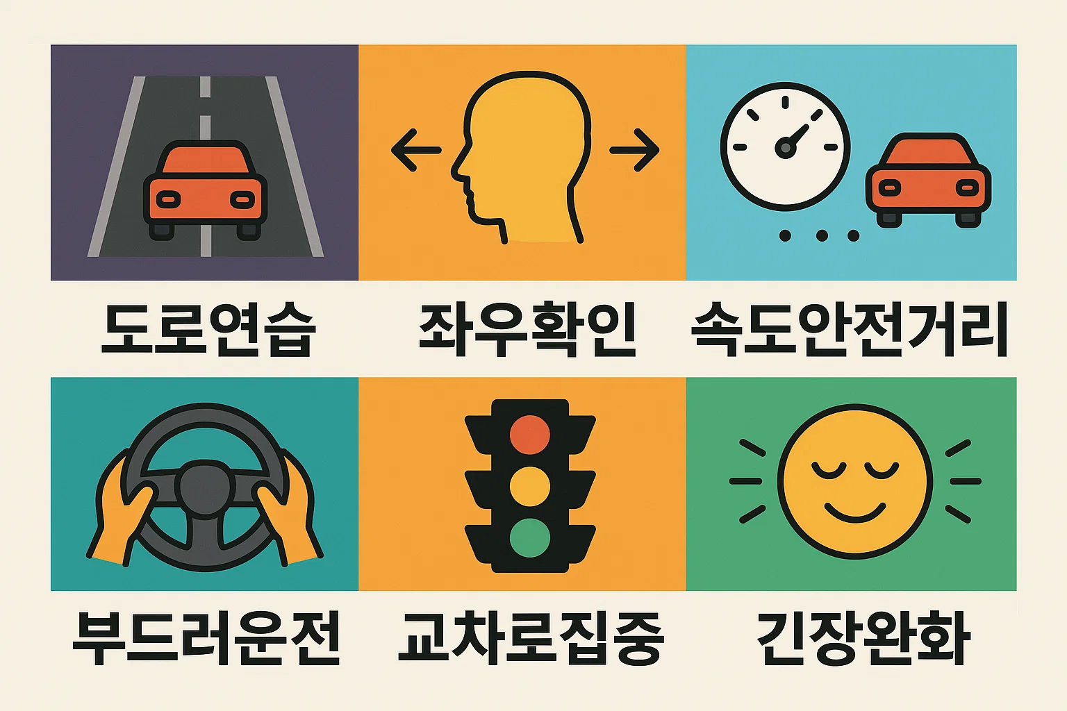 도로주행 시험에서 단기 합격을 위해 도로연습, 좌우확인 습관, 속도와 안전거리 유지, 부드러운 운전, 교차로 집중, 긴장 완화 방법을 정리한 인포그래픽