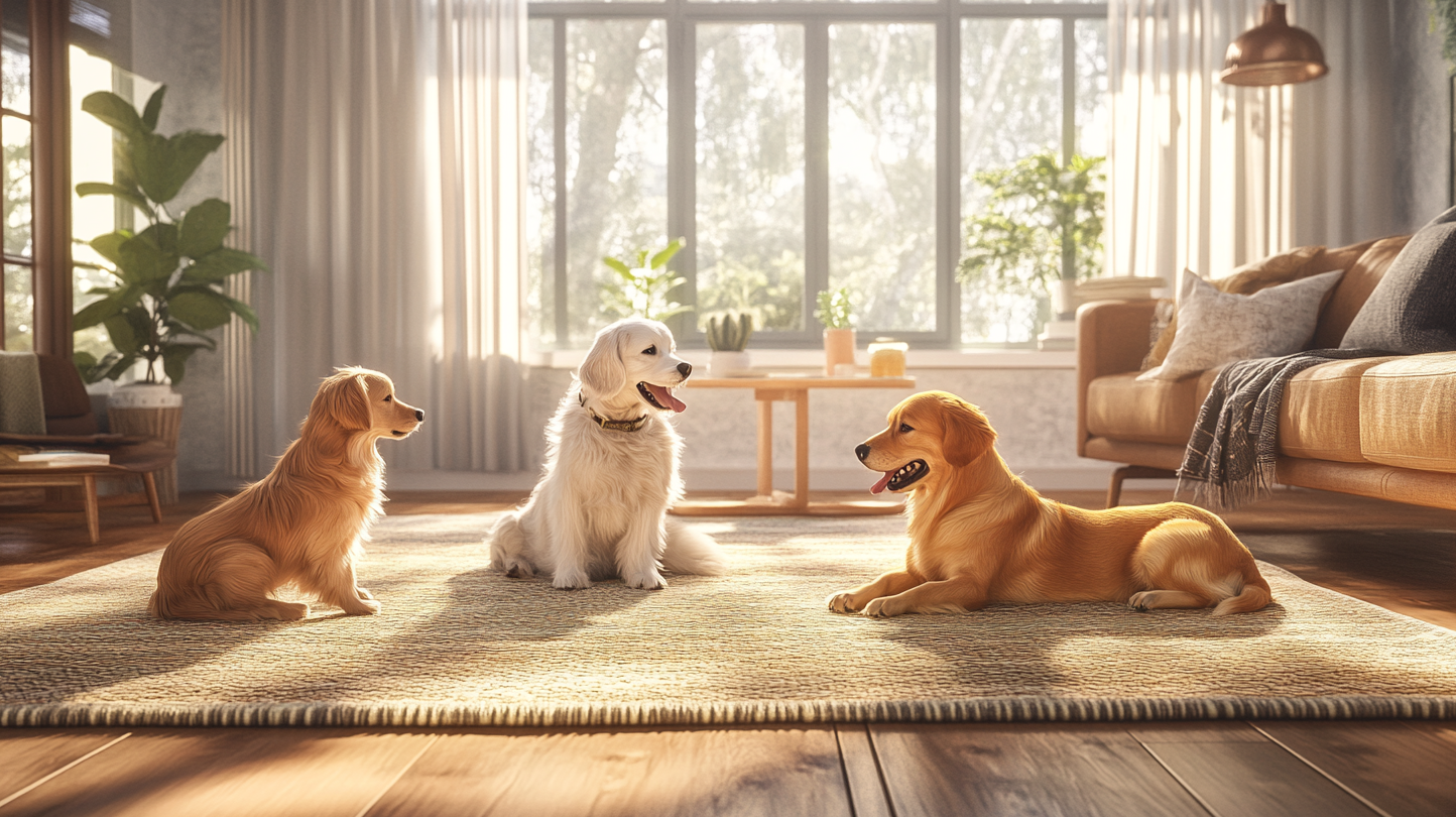 거실 메트 위에 앉아 있는 3마리의 강아지