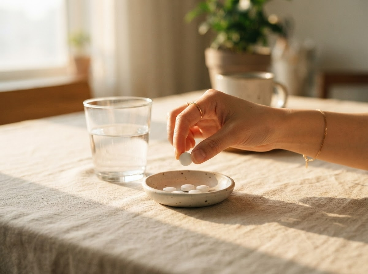 아침 식탁 위 물컵 옆에 놓인 알약 한 알을 손으로 집는 장면 