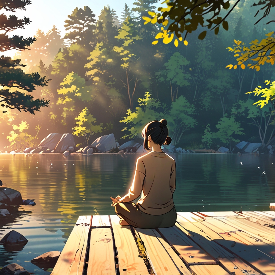 "조용한 호숫가에서 아침 햇살을 받으며 명상하는 한국인 여성. 나무 데크 위에서 평온한 자세로 앉아 자연과 하나 되는 순간. 스트레스 해소, 마음챙김, 힐링, 정신 건강을 위한 완벽한 명상 장면."