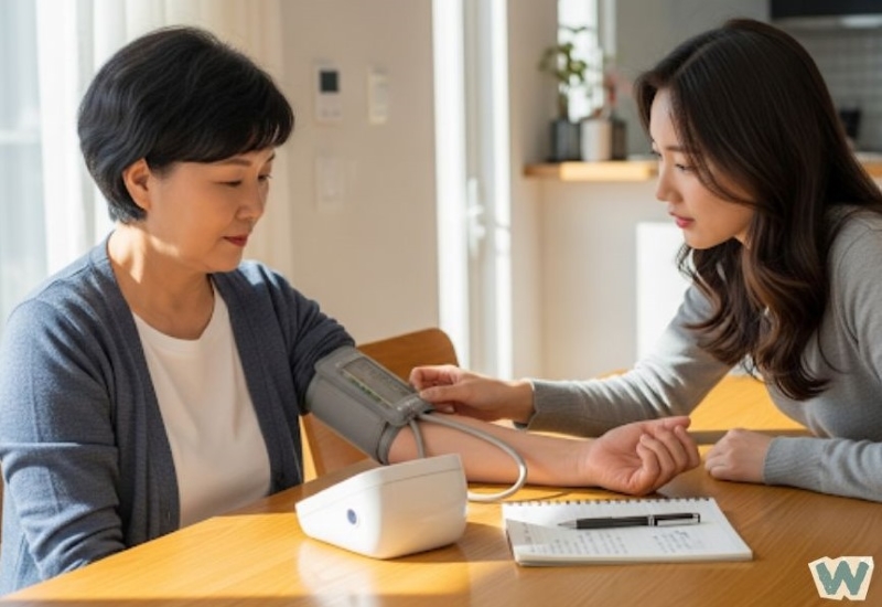 집에서 전자 혈압계로 혈압을 재는 중년 여성 via canva