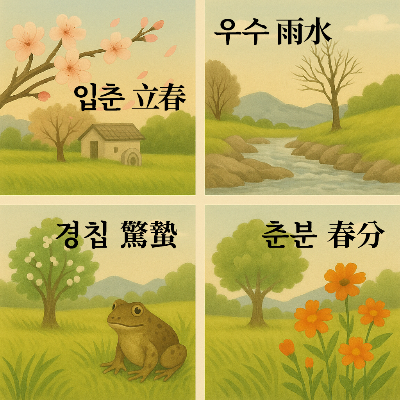 입춘 (立春), 우수 (雨水), 경칩 (驚蟄), 춘분 (春分)의 시각적 이미지