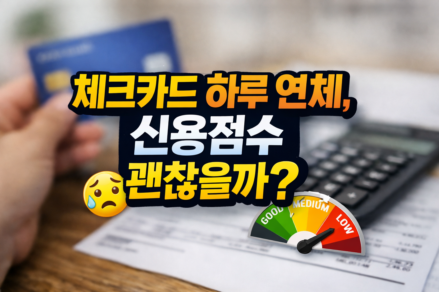 체크카드 하루 연체 시 신용점수 하락 여부를 설명하는 이미지, 후불교통 결제와 신용점수 게이지가 함께 표현된 썸네일