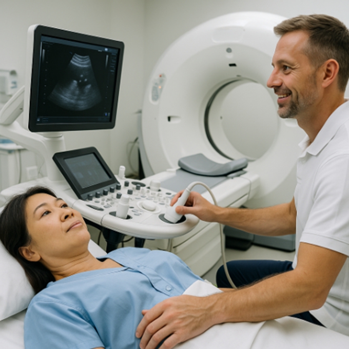 건강검진 중인 사람과 검사 장비