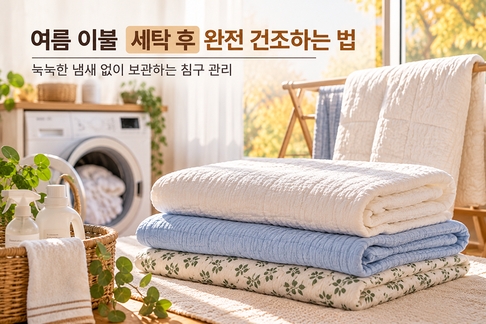 여름 이불 세탁 후 완전히 건조해 눅눅한 냄새 없이 보관하는 침구 관리 방법