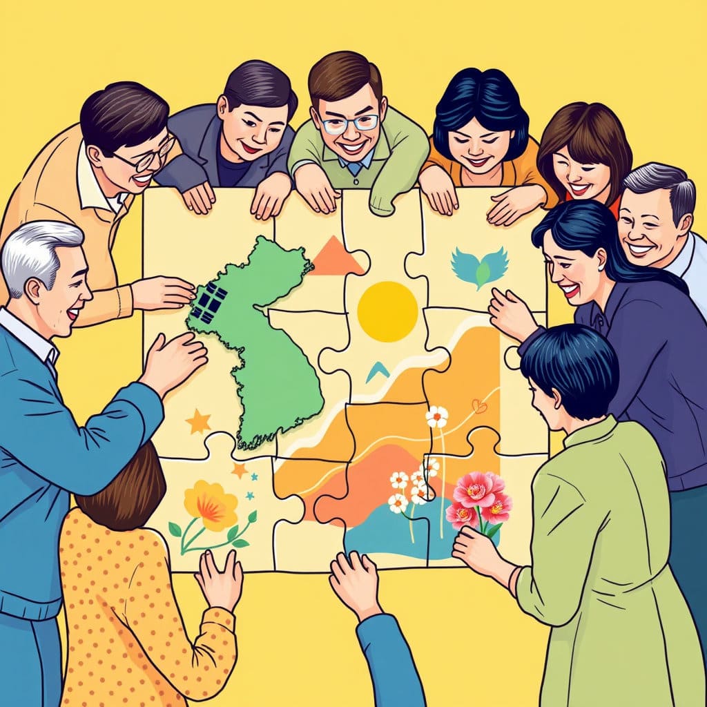 여러 사람들이 함께 퍼즐 조각을 맞춰 하나의 큰 그림(예: 대한민국 지도, 경제 그래프 상승, 희망의 상징)을 완성하는 모습을 그립니다. 협력과 공동체의 힘을 강조하며, 밝고 긍정적인 색감을 사용하여 희망적인 메시지를 전달합니다.