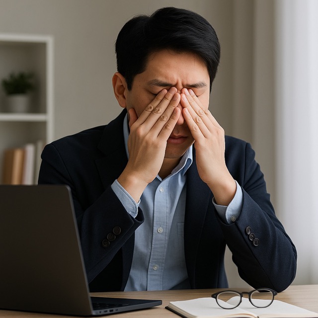 장시간 컴퓨터 작업 후 눈의 피로를 느끼며 눈을 감싸고 있는 직장인(출처: 자체제작)