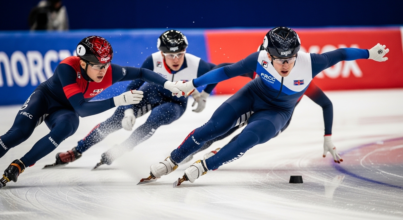 쇼트트랙 혼성 계주 경기 중 선수들이 교대하며 서로를 밀어주는 역동적인 순간