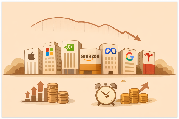 미국 빅테크 M7 주가 약세를 압박하는 기대치와 금리 부담 일러스트