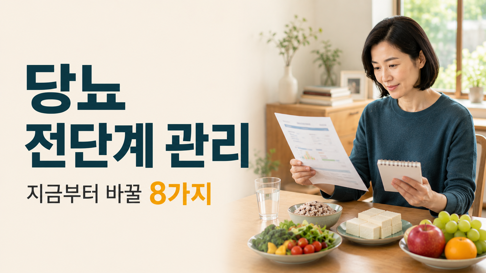 건강검진 혈당 결과를 확인하며 당뇨 전단계 생활습관 관리를 준비하는 한국인 여성