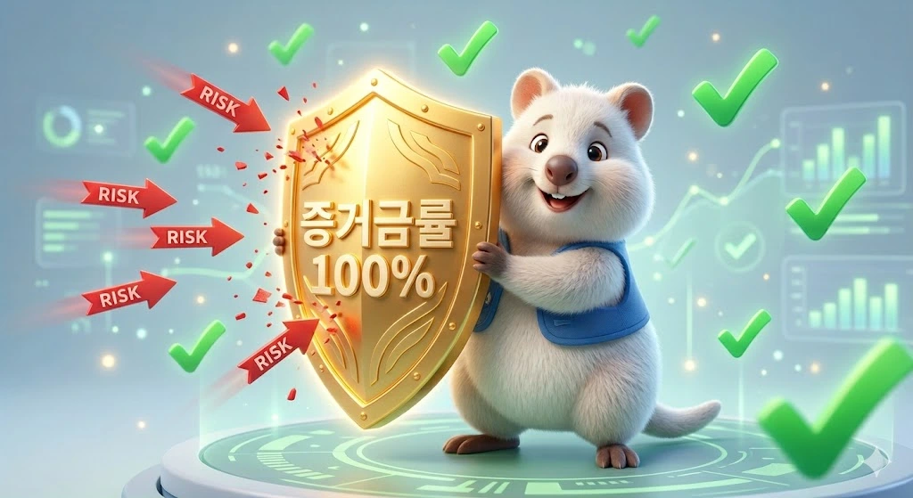 증거금률 100%라고 적힌 금빛 방패로 미수금 위험을 완벽하게 방어하고 환하게 웃고 있는 3D 픽사 스타일의 백쿼카