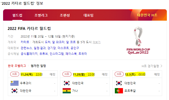 월드컵 대표팀 일정