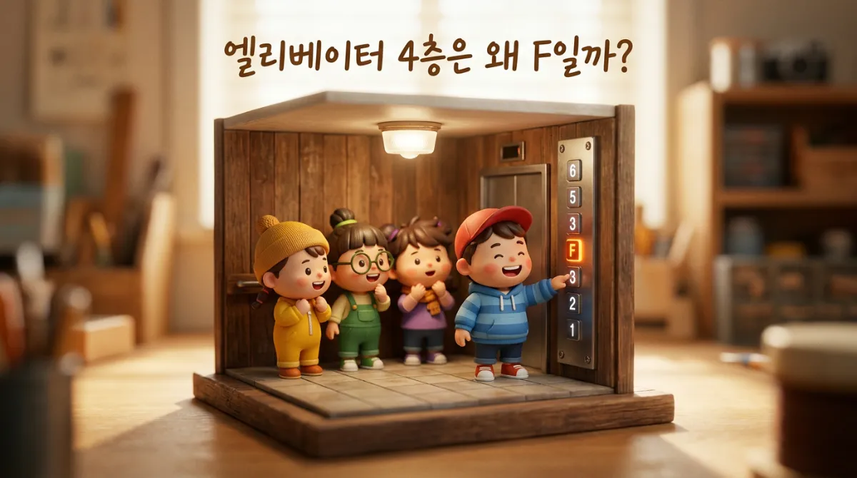엘리베이터 4층 F 버튼을 누르는 귀여운 미니미 캐릭터 디오라마 일러스트