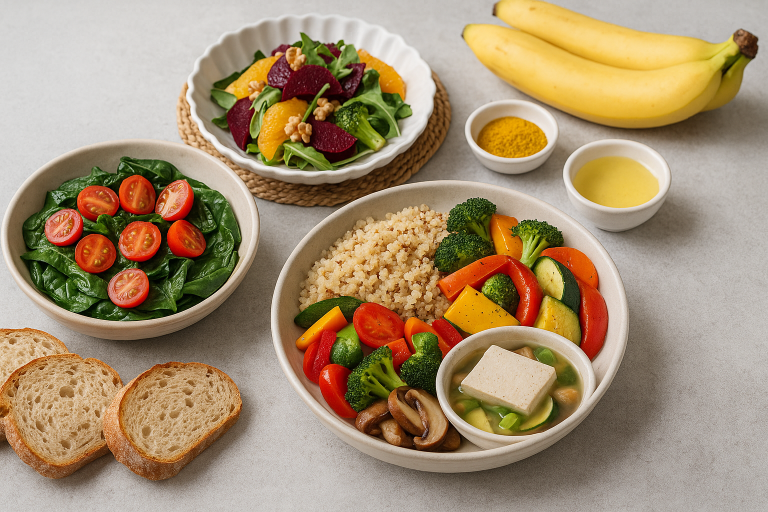 혈압 안정에 좋은 저염 식단으로 구성된 신선한 채소, 통곡물, 저지방 단백질이 깔끔하게 담긴 식탁