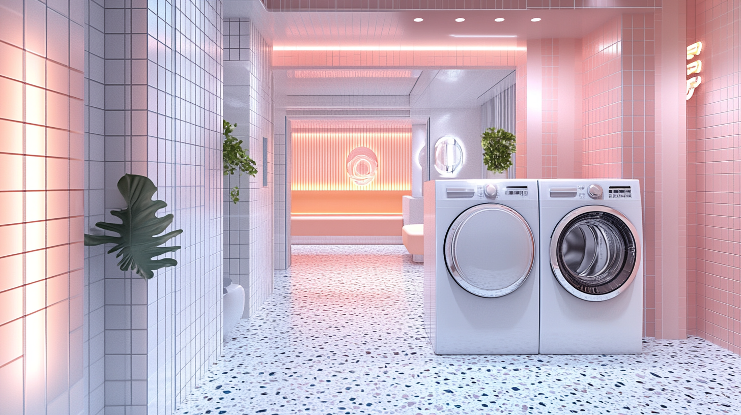 정교한 타일 패턴과 세련된 인테리어 요소가 돋보이는 미래지향적인 세탁 공간에서 삼성 세탁기가 중심에 있는 모습