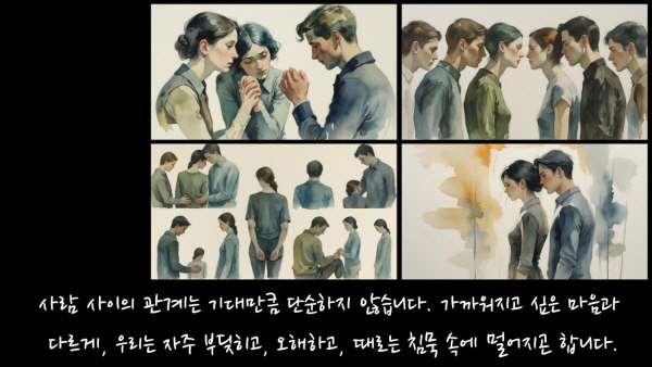 사람 사이의 관계는 기대만큼 단순하지 않습니다. 가까워지고 싶은 마음과 다르게, 우리는 자주 부딪히고, 오해하고, 때로는 침묵 속에 멀어지곤 합니다에 관한 그림