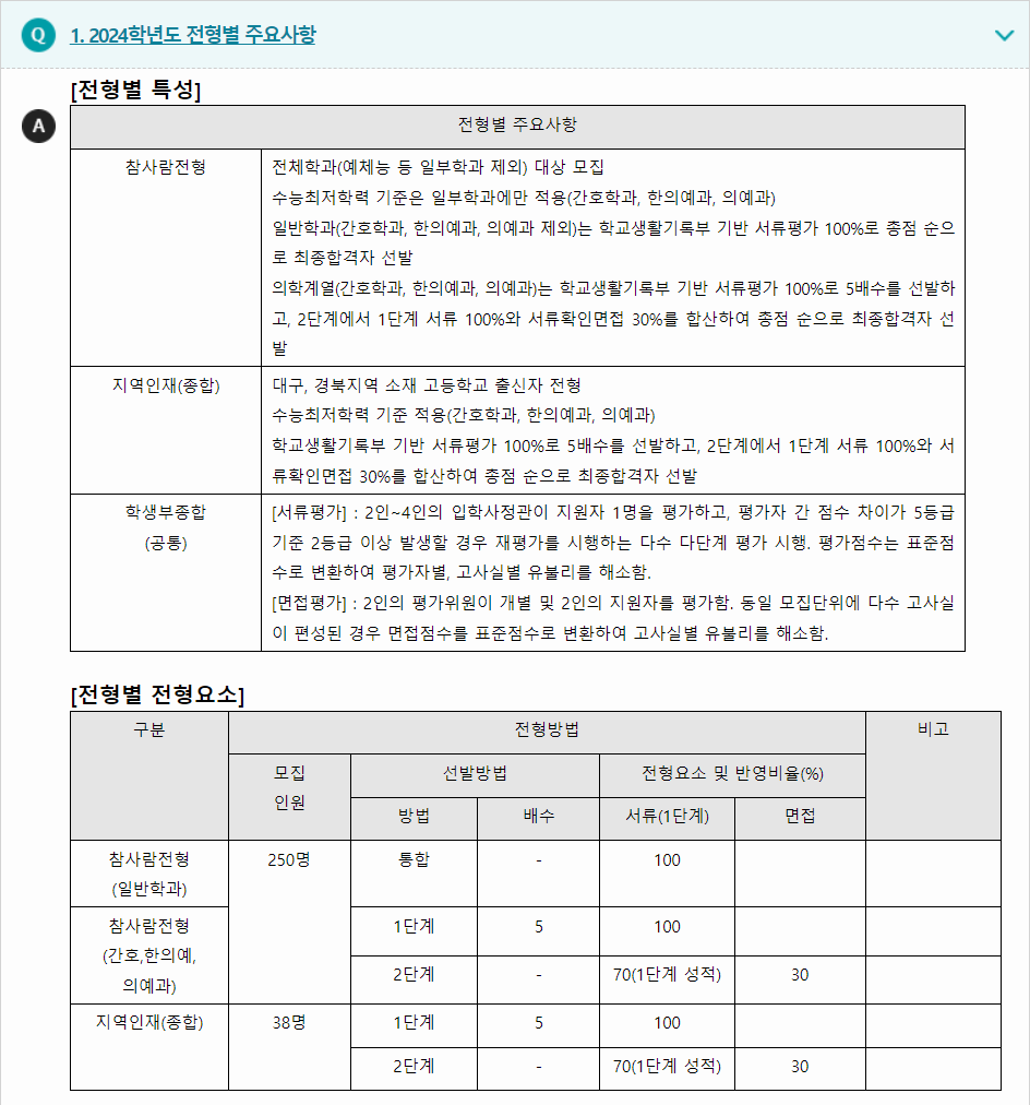 2024학년도 동국대학교(WISE) 학생부종합전형 전형별 주요사항