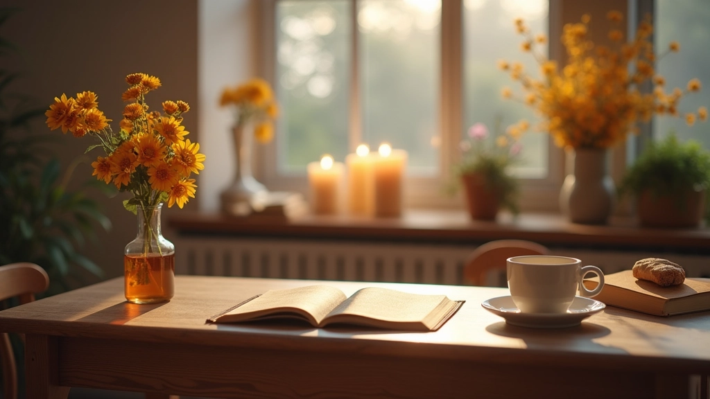 책상에 책과 예쁜 꽃이있어요