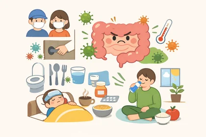 바이러스성 장염 전염 경로와 회복 관리 기준을 시각적으로 정리한 이미지1 