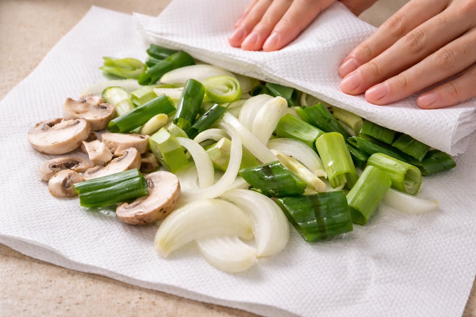 씻은 채소의 겉물기를 키친타월로 제거해 볶음에서 물이 생기는 것을 줄이는 과정입니다.