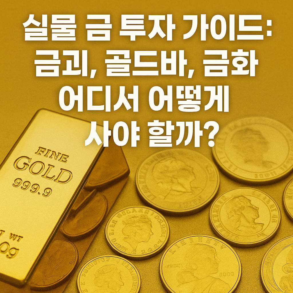 금괴와 금화를 배경으로 ‘실물 금 투자 가이드: 금괴, 골드바, 금화 어디서 어떻게 사야 할까?’라는 문구가 적힌 썸네일 이미지