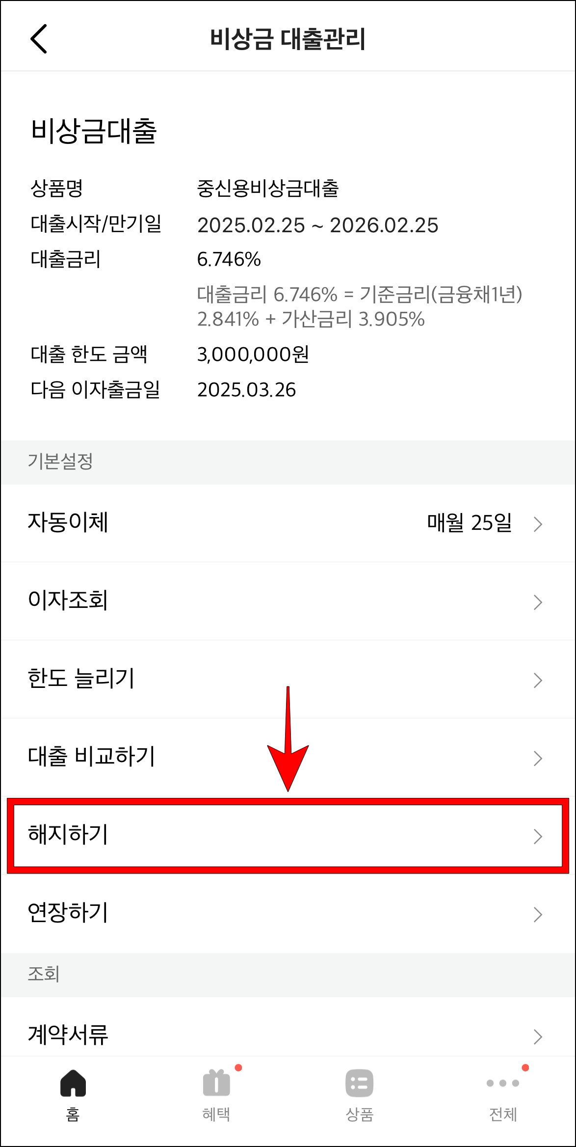 비상금 대출관리의 '해지하기'를 선택