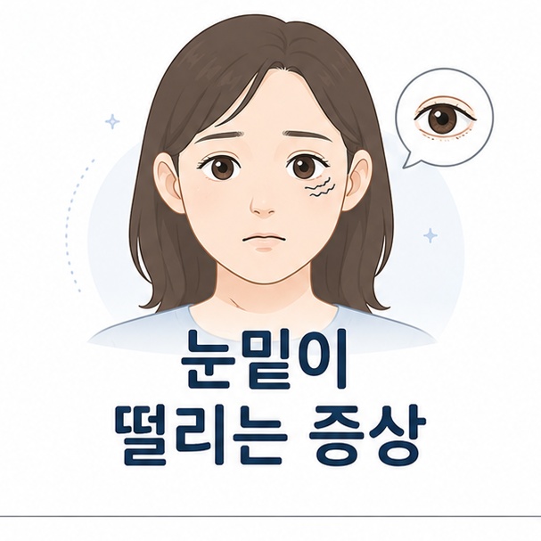 아래눈꺼풀이 미세하게 떨리는 모습을 이용해 흔한 눈밑 떨림 증상을 소개하는 그림