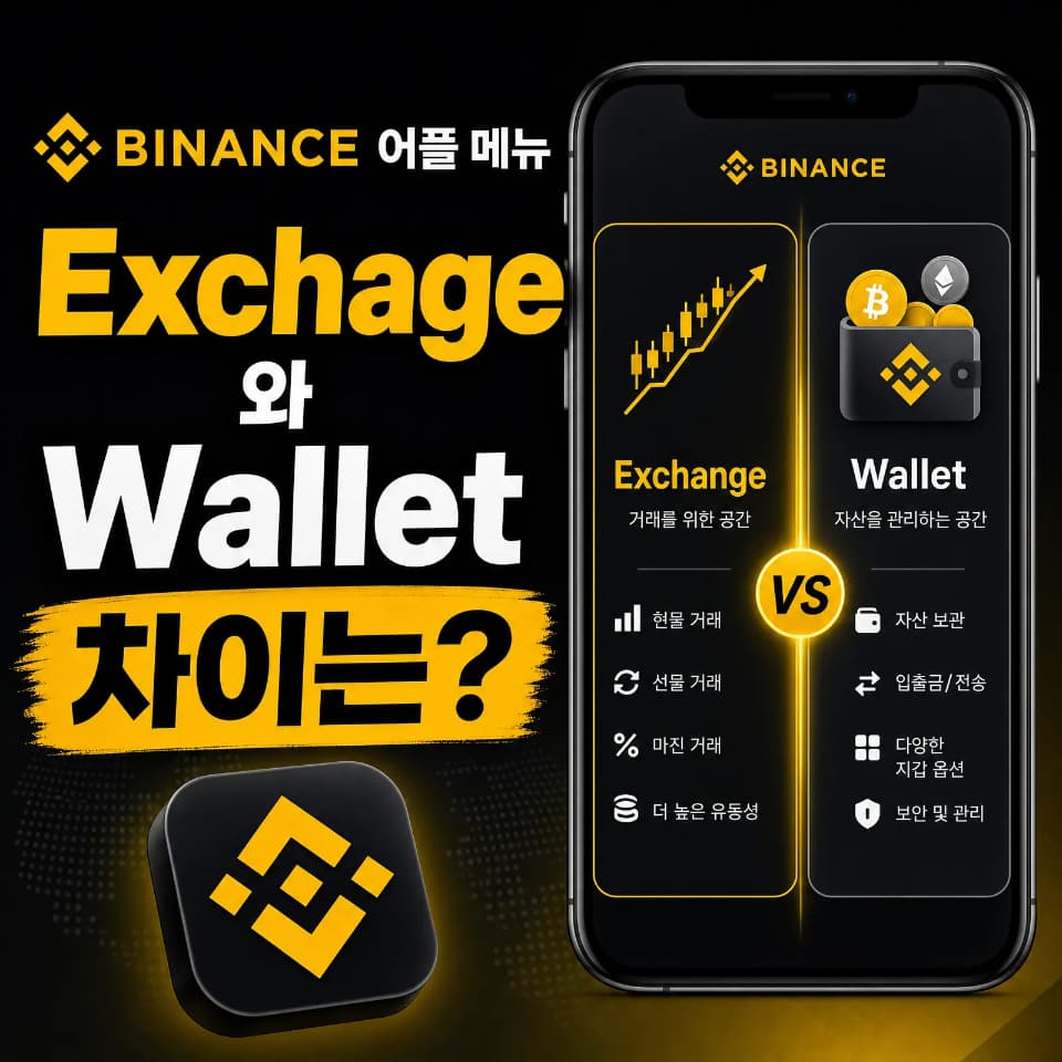 바이낸스 어플 메뉴 Exchage와 Wallet의 차이는