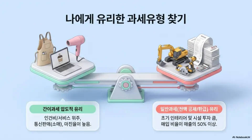 간이과세자 부가가치세: 간이과세자와 일반과세자 중 나에게 유리한 과세유형을 찾는 저울 형태의 인포그래픽 이미지. 인건비와 서비스 위주이거나 통신판매 소매업이고 마진율이 높으면 간이과세가 압도적으로 유리하고 초기 인테리어 및 시설투자가 크거나 매입 비율이 매출의 50% 이상이면 일반과세가 전액 공제와 환급 면에서 유리하다는 판단 기준을 시각화함 
