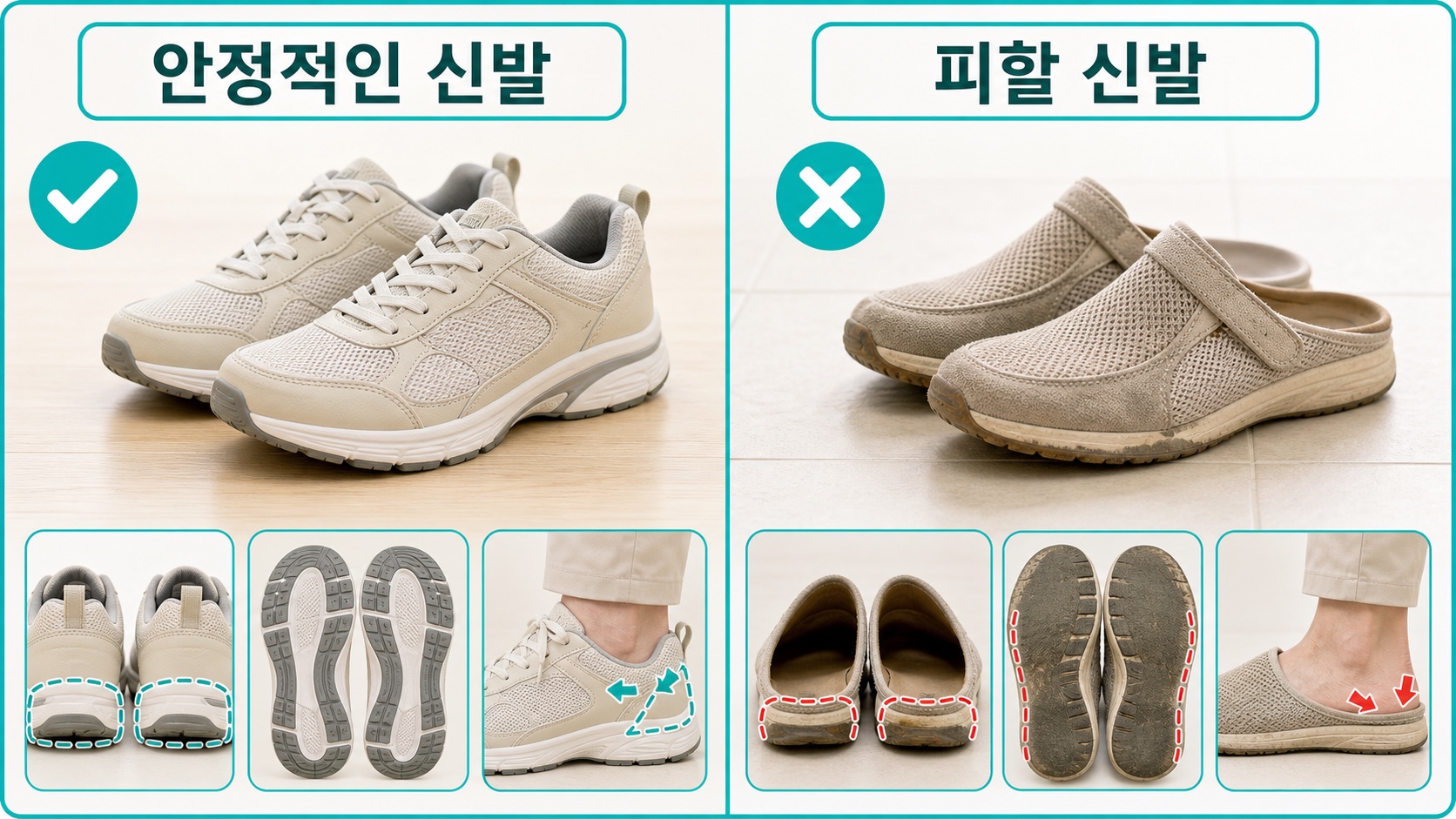 무릎 통증 걷기 신발 안정적인 신발과 피할 신발 비교