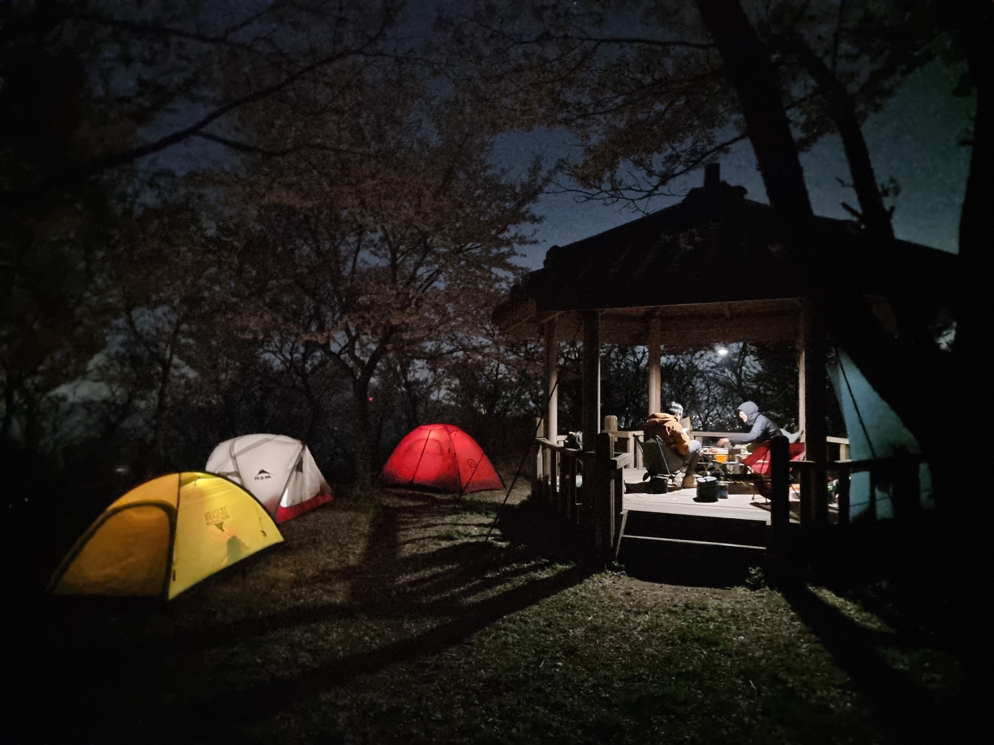 정자를 쉘터 삼아서 저녁과을 먹었다.