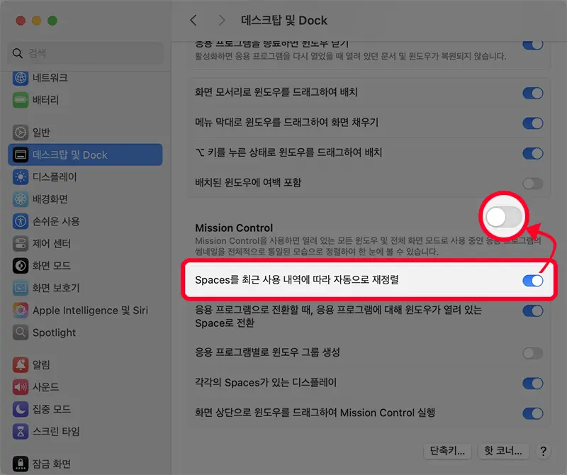Spaces의 가상 데스크탑 순서를 고정하는 메뉴의 위치