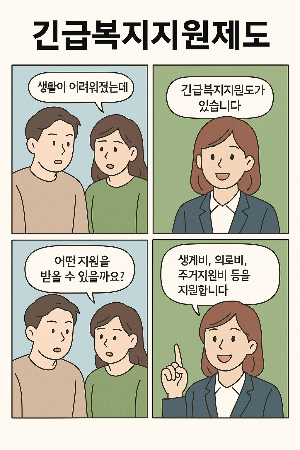 "긴급복지지원제도에 대해 간단한 대화 형식으로 설명하는 4컷 만화툰. 지원 대상과 주요 항목을 쉽게 안내함."