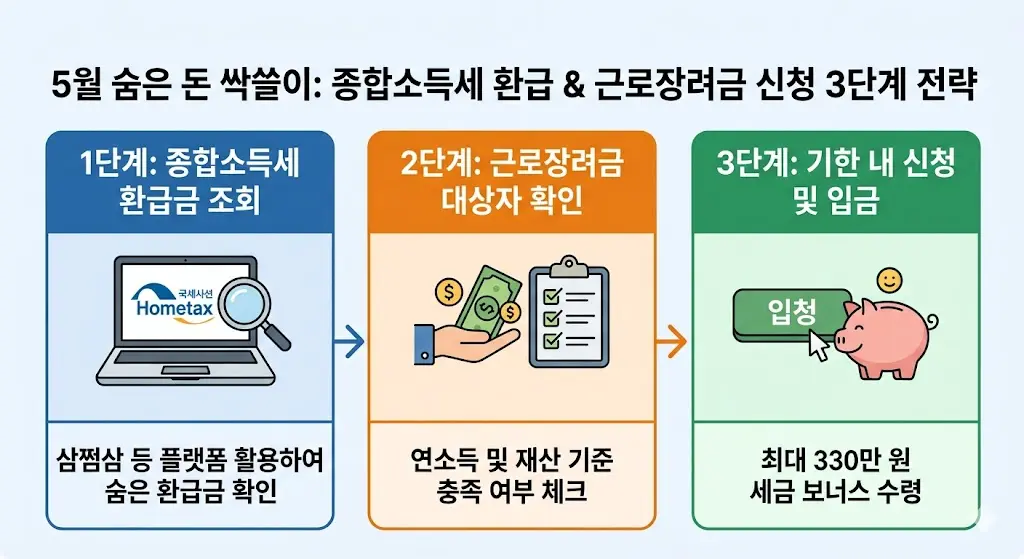 세금척척박사 블로그 독자를 위한 '5월 숨은 돈 싹쓸이: 종합소득세 환급 &amp; 근로장려금 신청 3단계 전략' 단계별 인포그래픽 플로우차트.