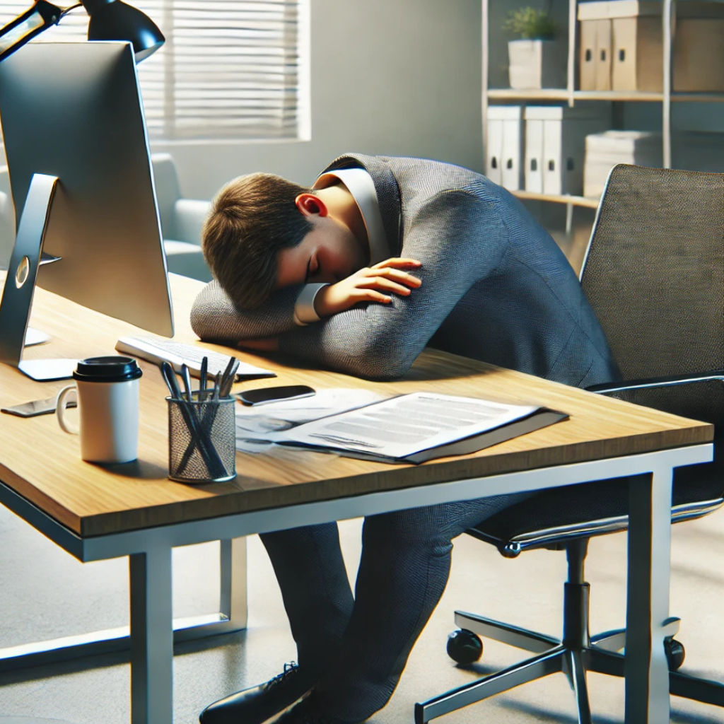 사무실 책상에 엎드려 지친 모습을 하고 있는 직장인의 이미지