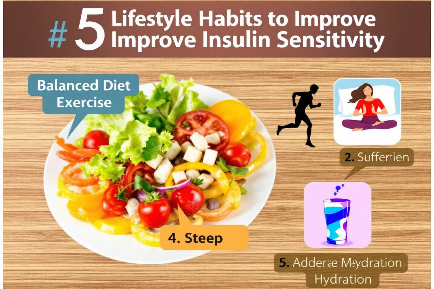 "인슐린 민감도를 높이기 위한 생활 습관 5가지를 시각적으로 정리한 인포그래픽"