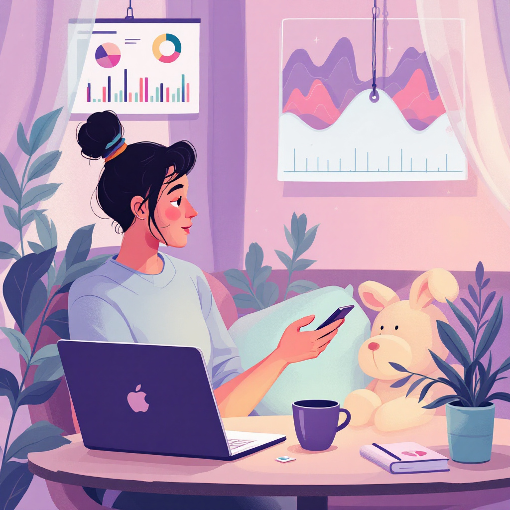 편안한 실내에서 솔라나 투자 전략과 스테이킹을 고민하는 여성 투자자의 일상적 모습을 담은 따뜻한 일러스트