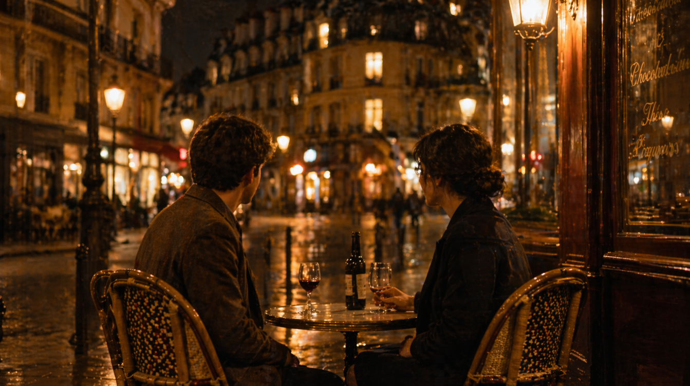 따뜻한 조명이 비치는 밤의 파리 야외 카페에서 두 사람이 마주 앉아 있는 장면