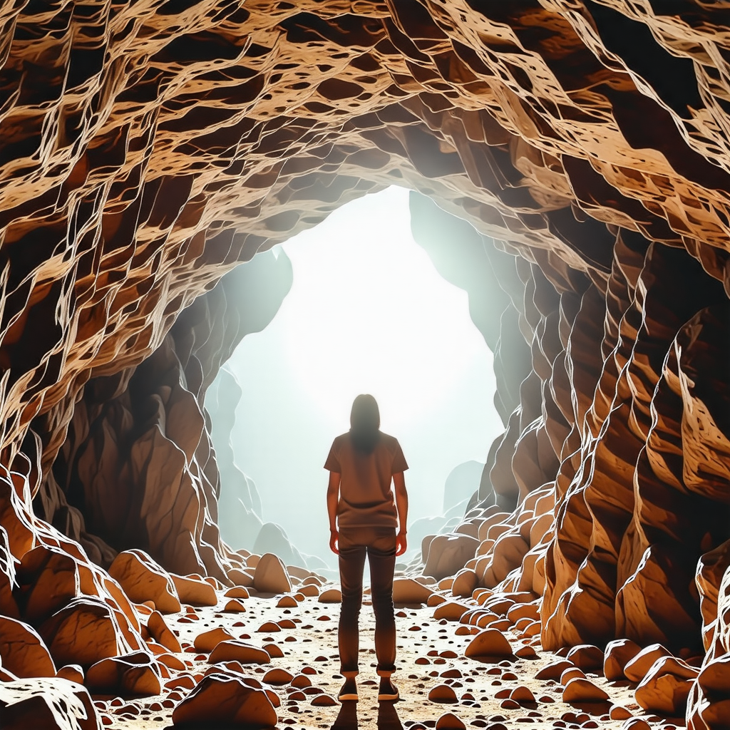 히나그단 동굴 내부에서 빛이 들어오는 곳에 서서 포즈를 취하는 모습