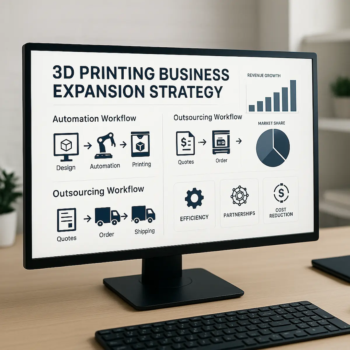 3D프린팅 비즈니스 확장(자동화와 아웃소싱) 전략이 정리된 컴퓨터 화면, 인물 없이 정보가 표시된 장면