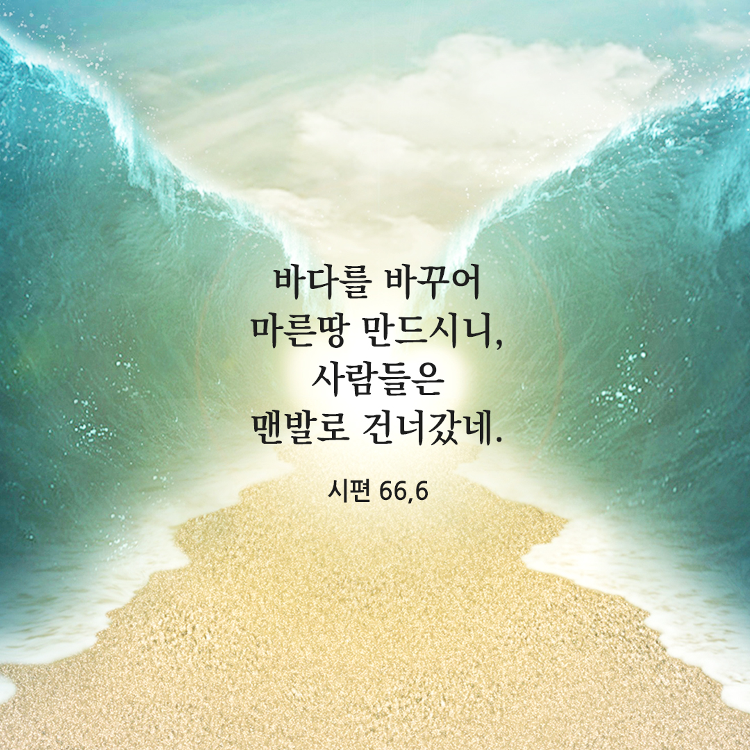 바다를 바꾸어 마른땅 만드시니&#44; 사람들은 맨발로 건너갔네. (시편 66&#44;6) 시편 성경 말씀 카드 이미지