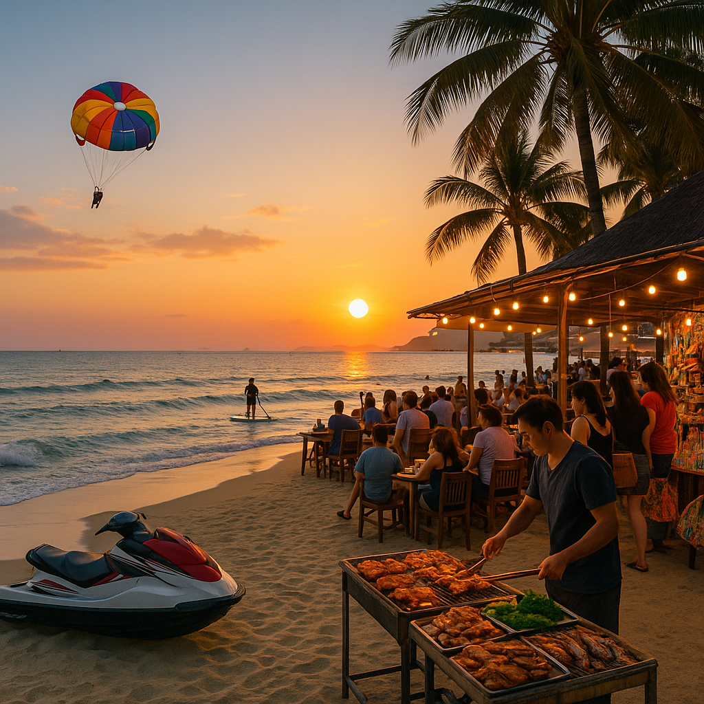 황혼빛으로 물든 다낭 미케 해변에서 제트스키와 패러세일링, 해변 카페와 야시장이 어우러진 활기찬 휴양 풍경