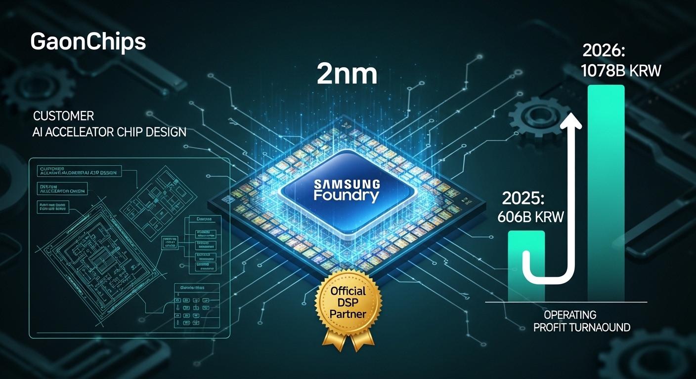 GaonChips Samsung Foundry design service illustration. Center 2nm wafer with glowing circuit patterns. Samsung Foundry logo badge with Official DSP Partner certification seal. Customer AI accelerator chip design blueprint. Revenue forecast bar 2025 606B → 2026 1078B KRW. Operating profit turnaround arrow. Dark teal industrial tech style. English labels only.