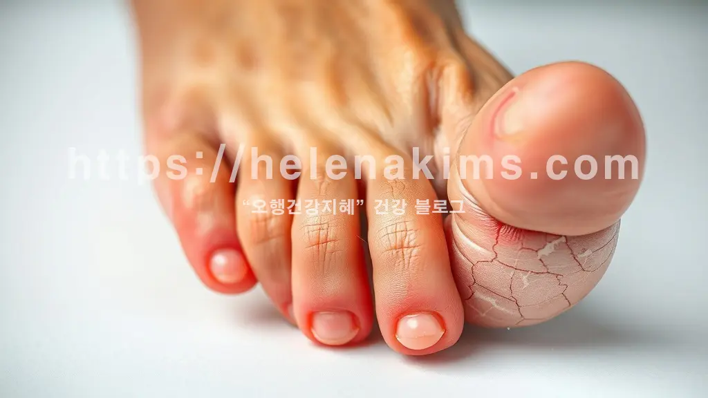인간 발의 발가락 사이와 발바닥 측면을 클로즈업. 붉게 물든 짓무른 피부와 함께 작고 투명한 물집이 잡히고, 갈라지고 벗겨지는 각질이 선명하게 보인다.